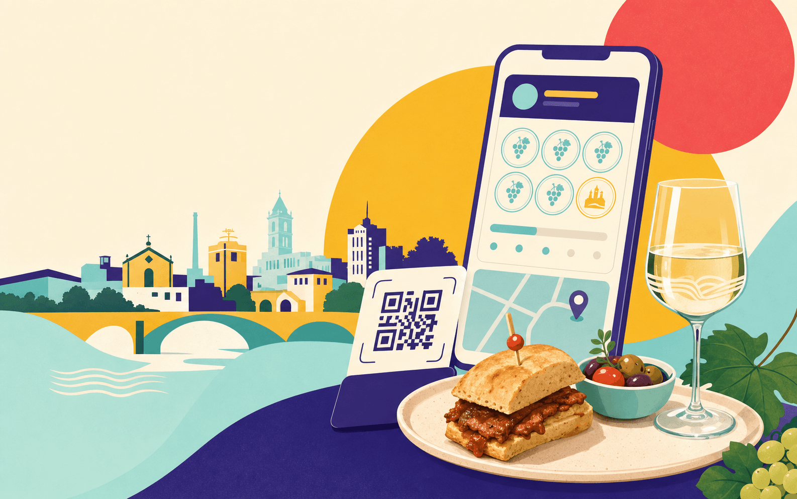 Passaporte digital com skyline de Santo Tirso, petisco e Vinho Verde